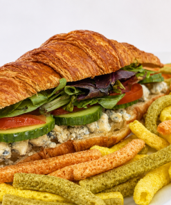 Blue Cheese and Greens Croissant sandwich with veggie straws for fast beach food delivery in Naples Florida