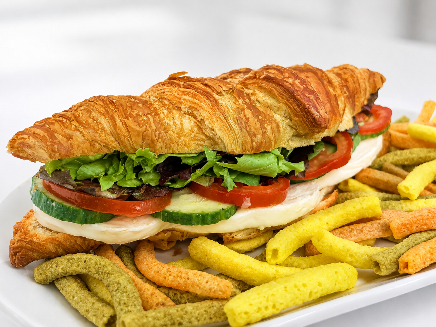 Buffalo Mozzarella Croissant caprese sandwich with veggie straws for fast beach food delivery in Naples Florida