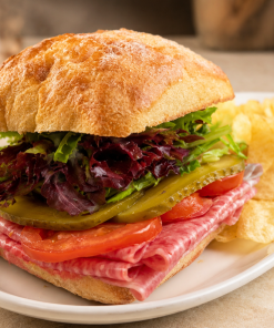 Chipotle Harte-On salami sandwich on ciabatta with kettle chips for fast beach food delivery in Naples Florida