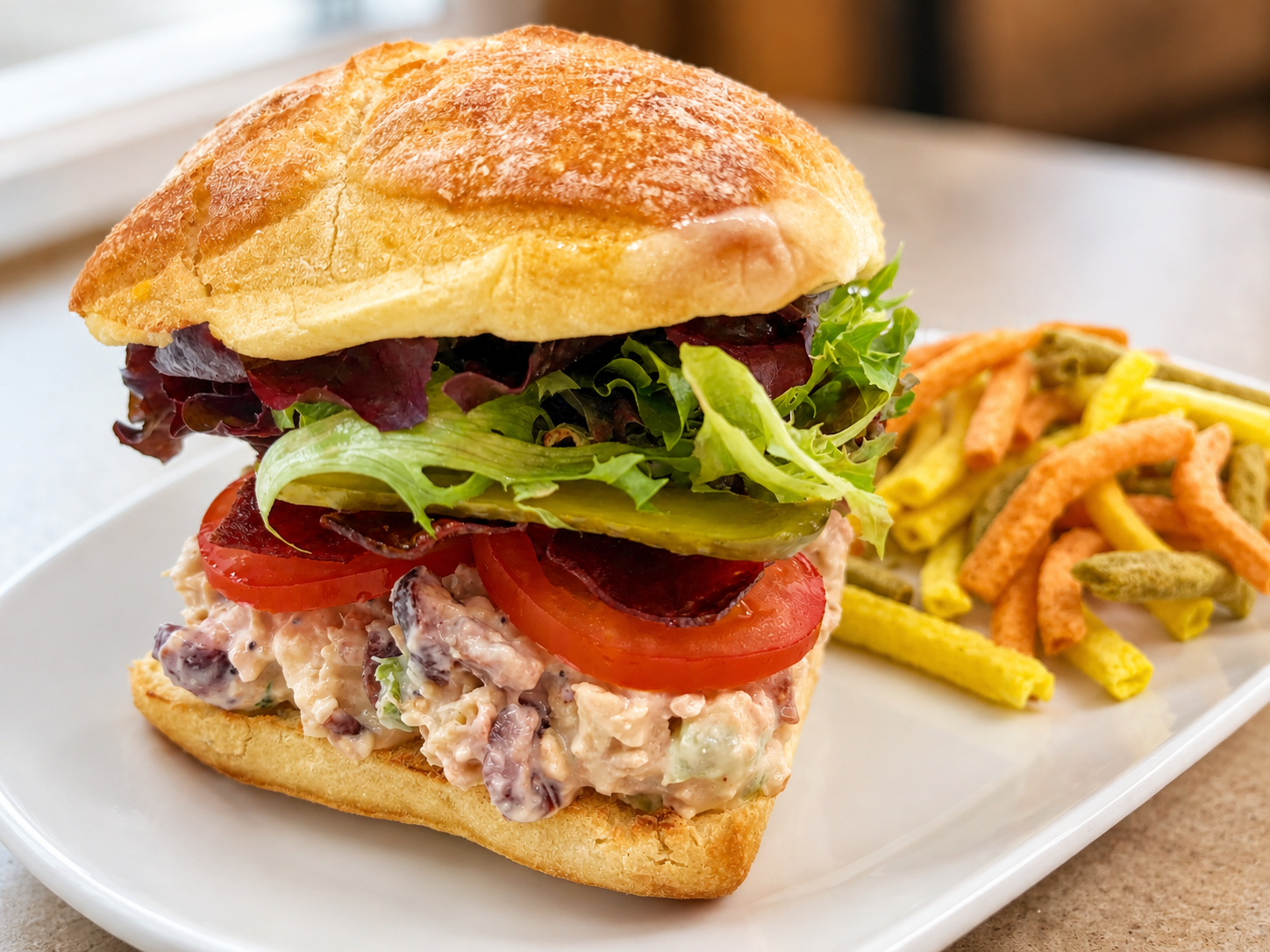 Clucker Mix chicken salad sandwich on ciabatta with kettle chips for fast beach food delivery in Naples Florida