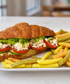 Feta Cheese Hummus Croissant sandwich with veggie straws for fast beach food delivery in Naples Florida