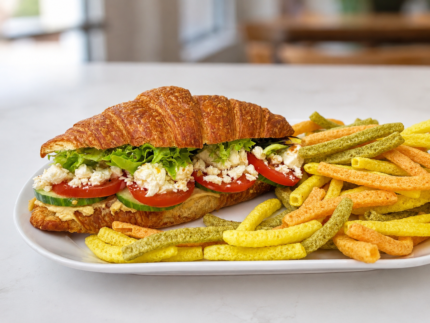 Feta Cheese Hummus Croissant sandwich with veggie straws for fast beach food delivery in Naples Florida