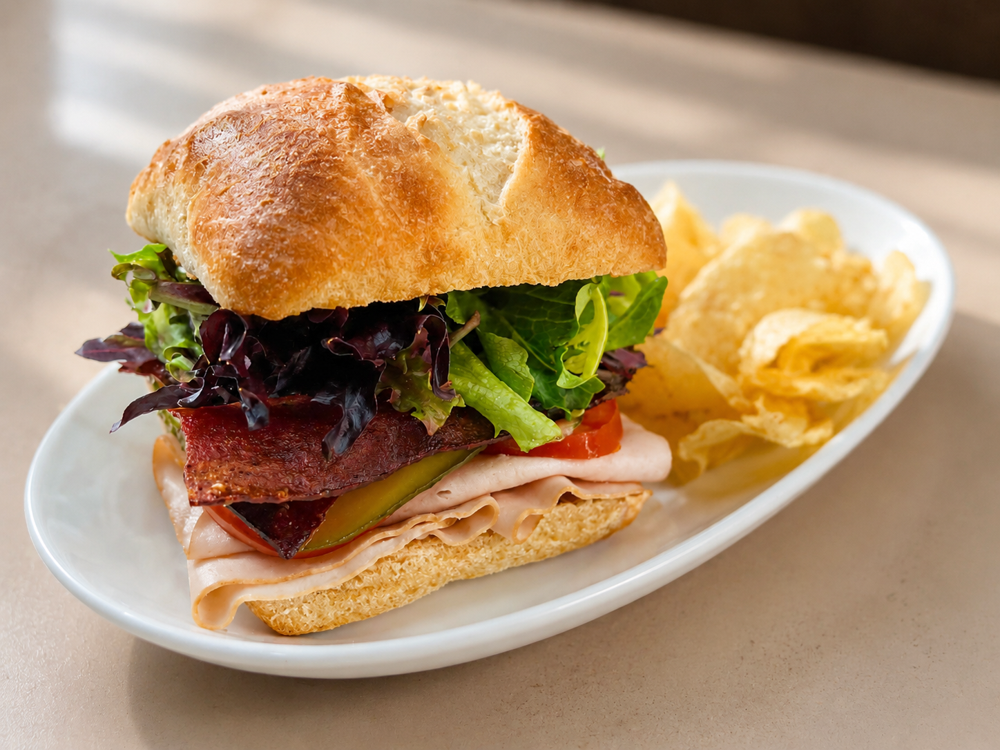 Gobble Gobble On A Garden turkey pesto sandwich on ciabatta with kettle chips for fast beach food delivery in Naples Florida