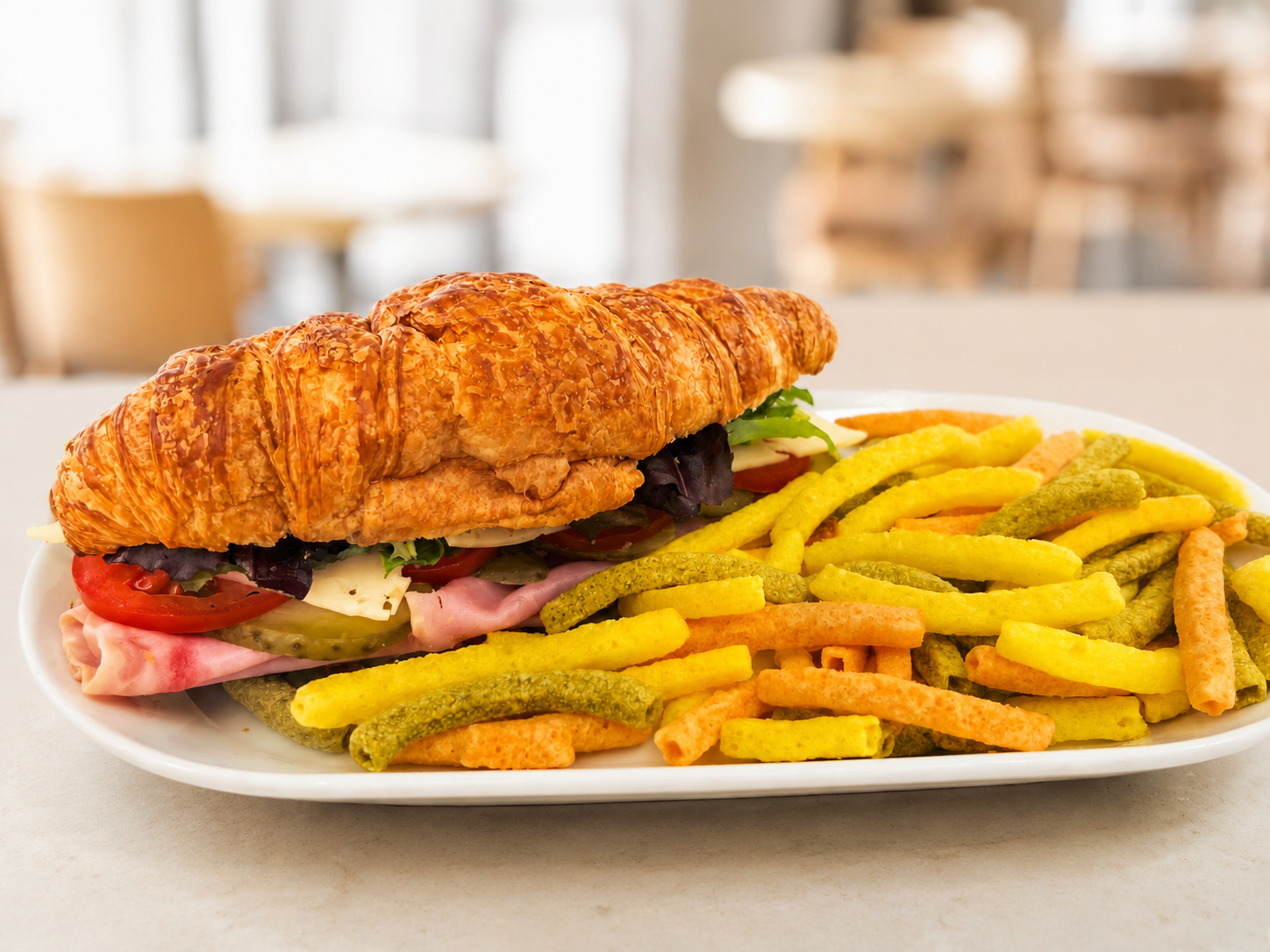 Ham and Swiss Croissant sandwich with veggie straws for fast beach food delivery in Naples Florida