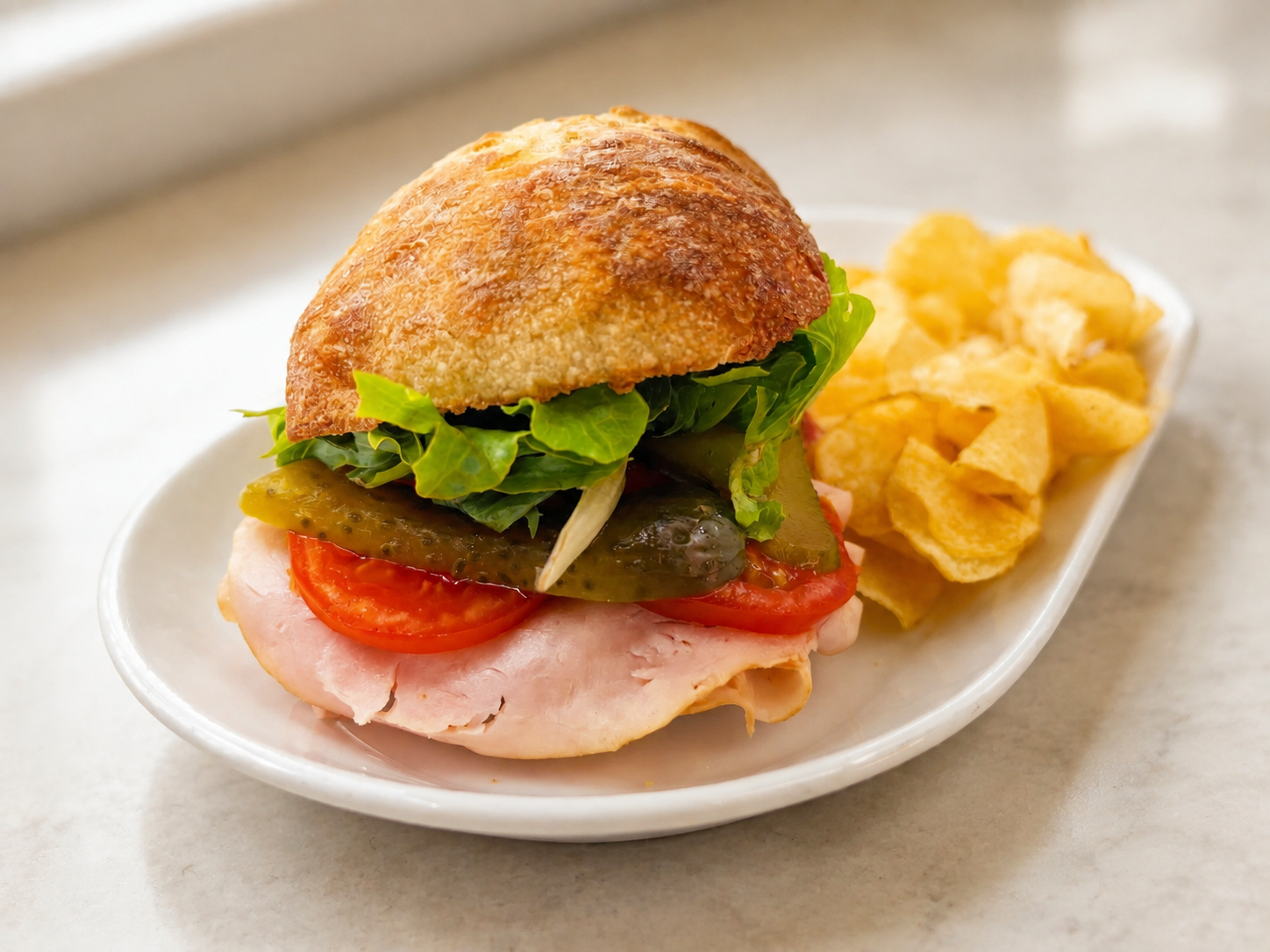 Honey Mother Clucker chicken sandwich on ciabatta with kettle chips for fast beach food delivery in Naples Florida