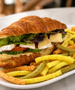 Hummus With Brie Croissant sandwich with veggie straws for fast beach food delivery in Naples Florida