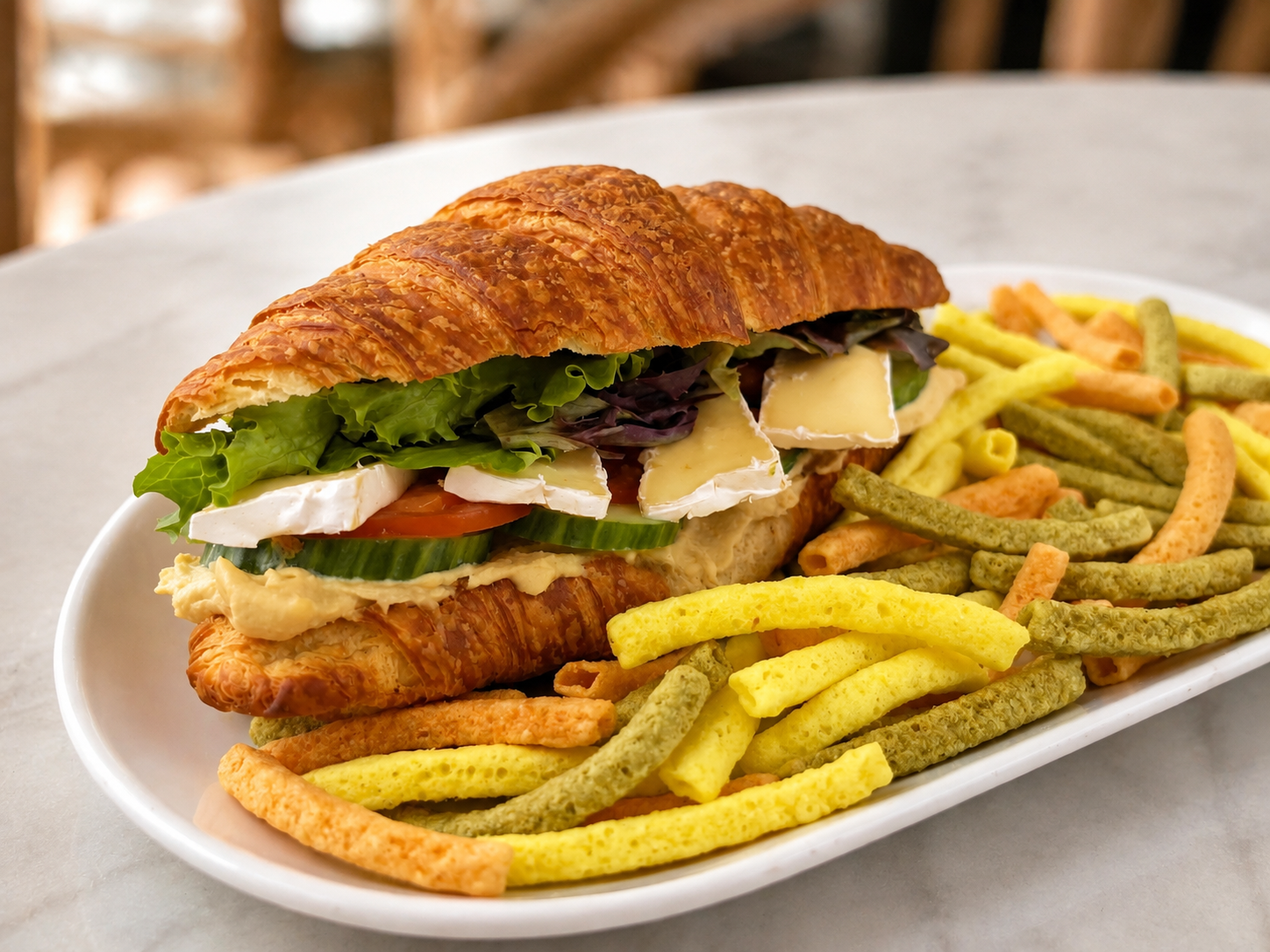 Hummus With Brie Croissant sandwich with veggie straws for fast beach food delivery in Naples Florida