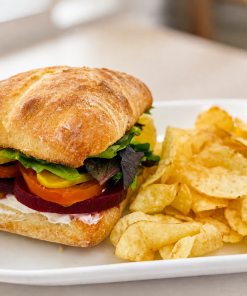 Just Beet It Beet It goat cheese and pickled beet sandwich on ciabatta with kettle chips for fast beach food delivery in Naples Florida