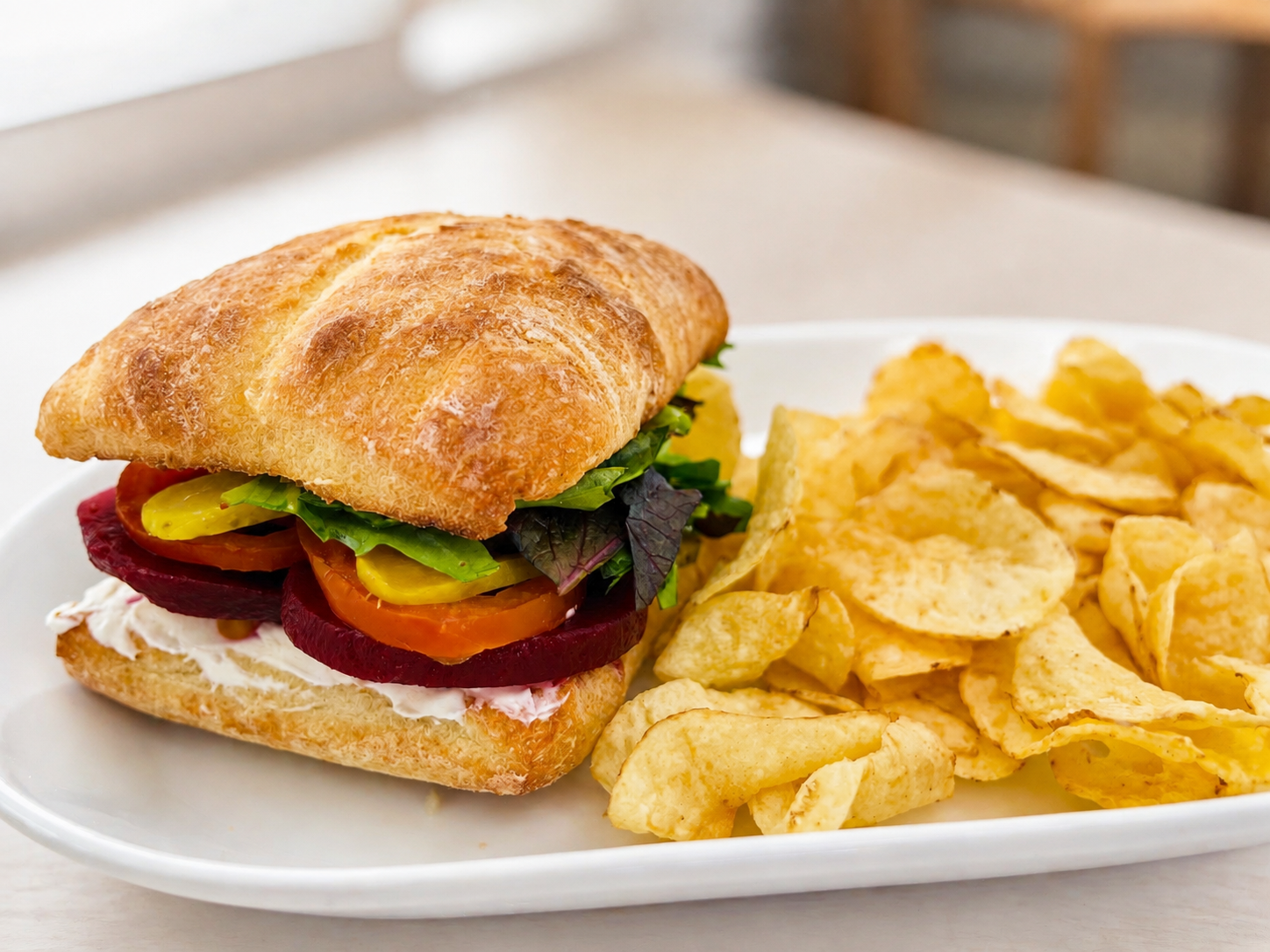 Just Beet It Beet It goat cheese and pickled beet sandwich on ciabatta with kettle chips for fast beach food delivery in Naples Florida