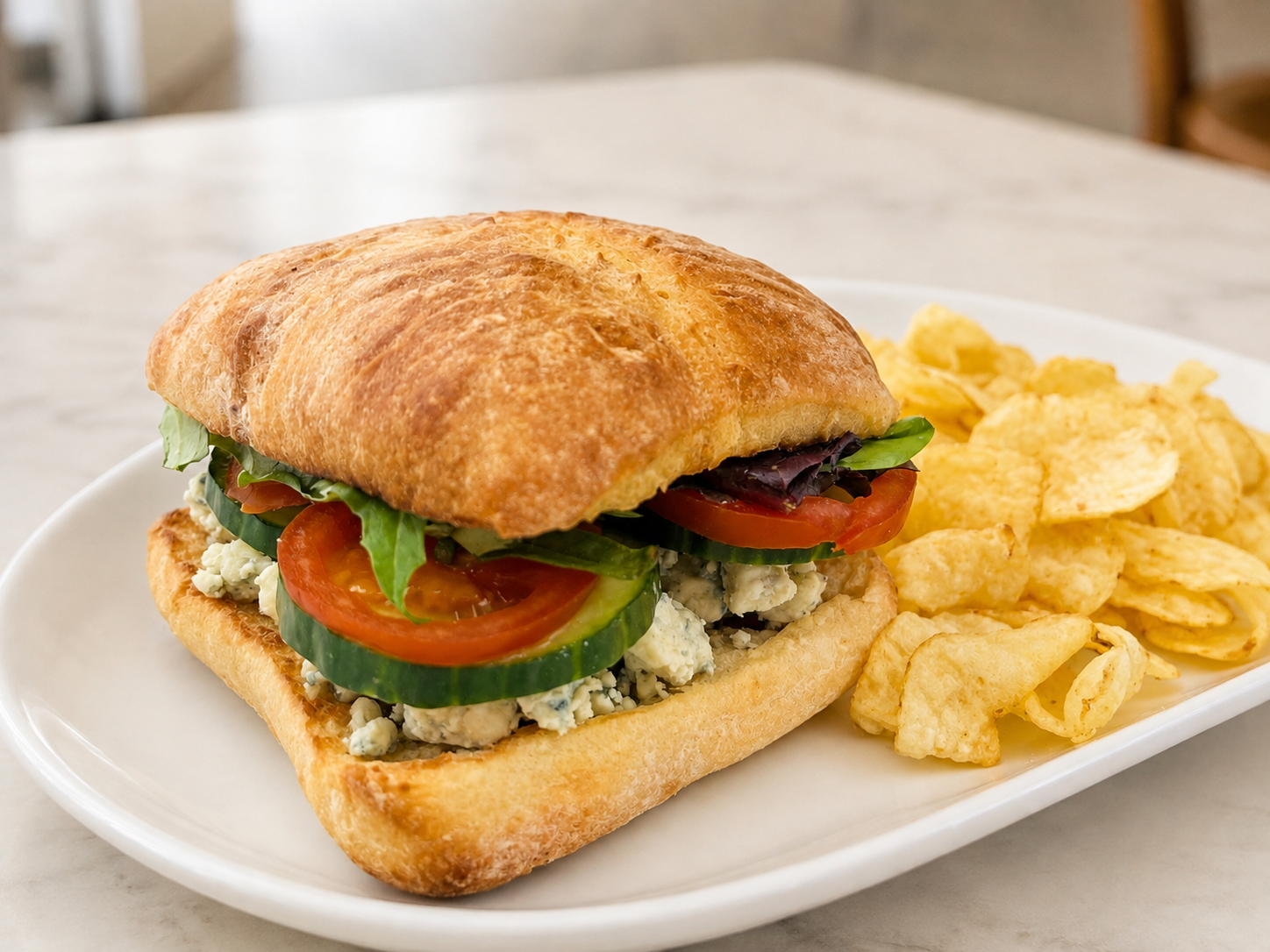 Blue Cheese Veggie sandwich on ciabatta with kettle chips for fast beach food delivery in Naples Florida