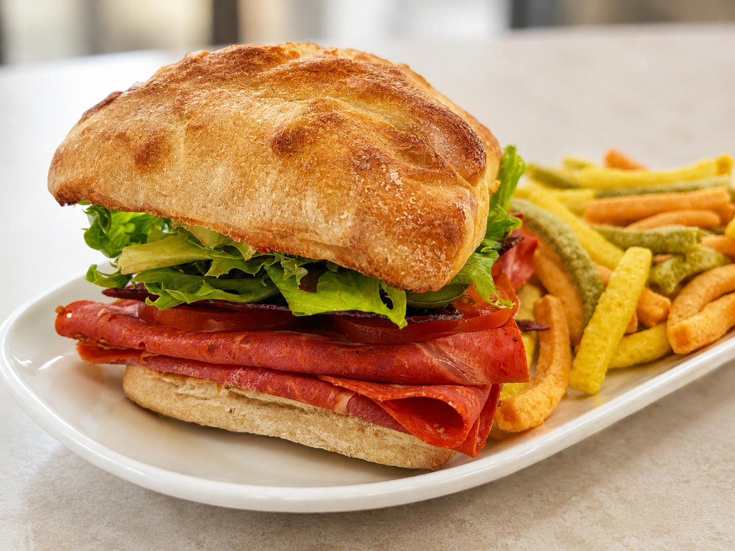 Piccanti Amichetto Italian salami sandwich on ciabatta with kettle chips for fast beach food delivery in Naples Florida