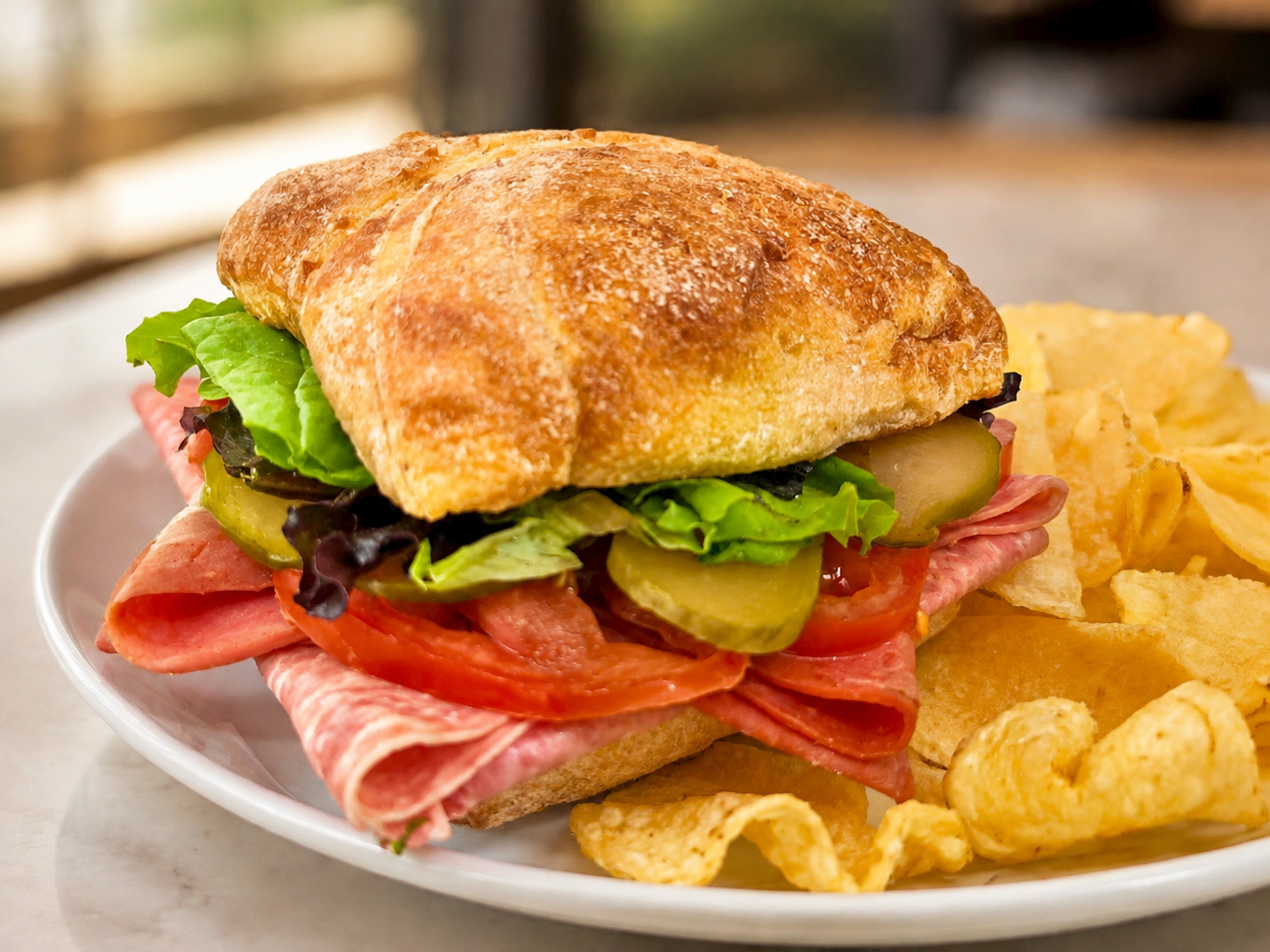 Saludos Desde La Habana Cuban salami sandwich on ciabatta with kettle chips for fast beach food delivery in Naples Florida