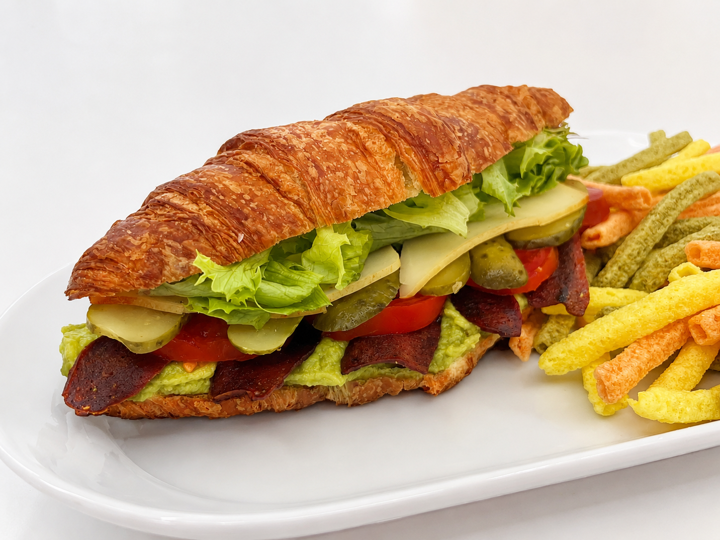 Turkey Bacon Avocado & Swiss Croissant sandwich with veggie straws for fast beach food delivery in Naples Florida