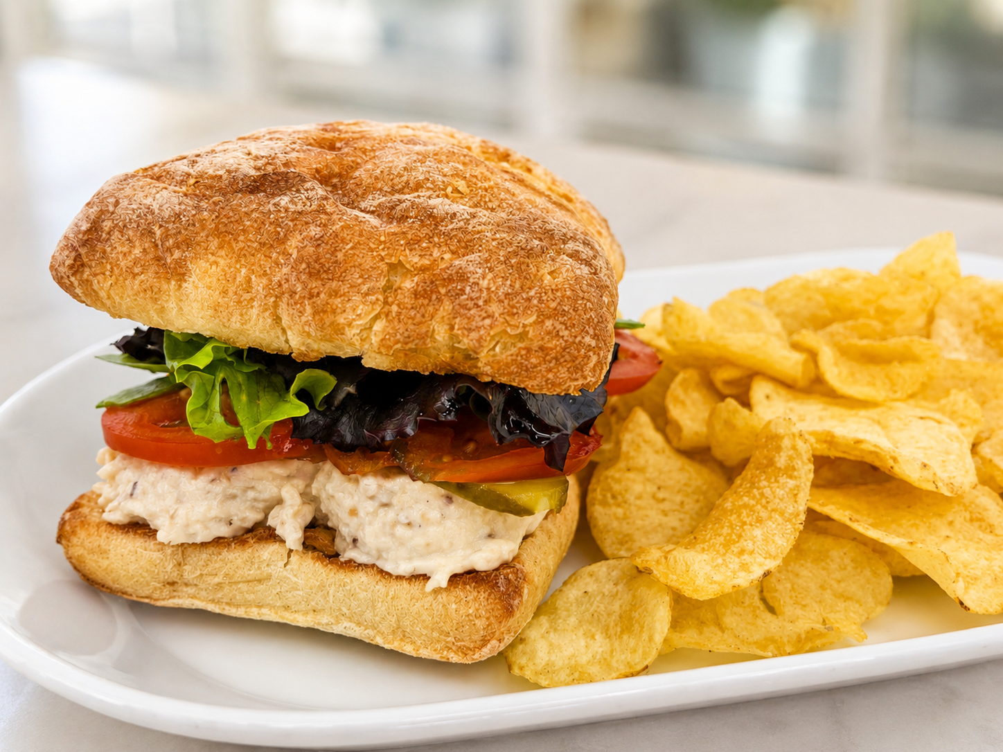 White Smokey Os smoked white fish salad sandwich on ciabatta with kettle chips for fast beach food delivery in Naples Florida