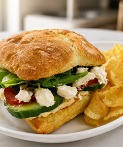 Zorba The Greek feta and hummus vegetarian sandwich on ciabatta with kettle chips for fast beach food delivery in Naples Florida