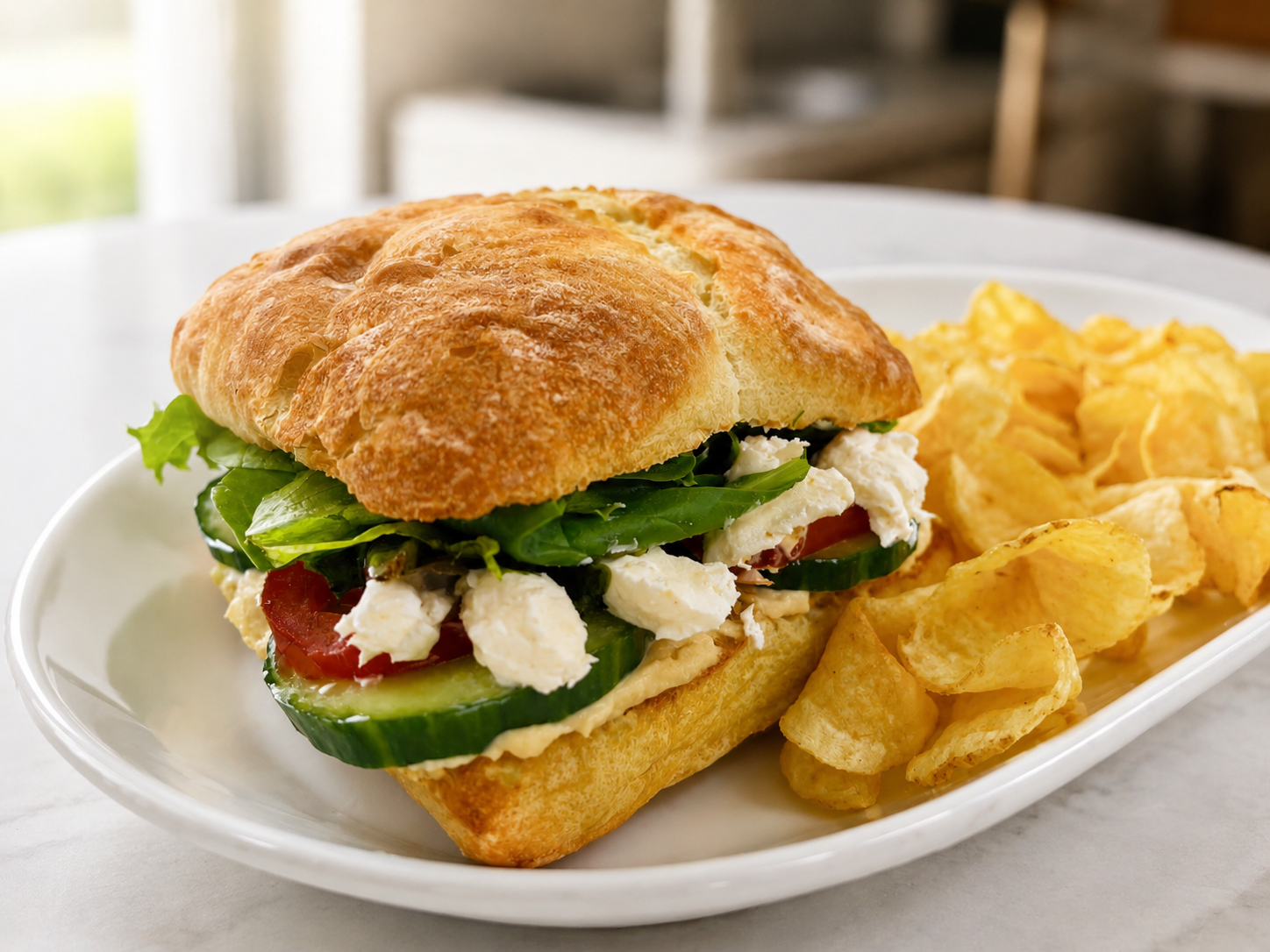 Zorba The Greek feta and hummus vegetarian sandwich on ciabatta with kettle chips for fast beach food delivery in Naples Florida